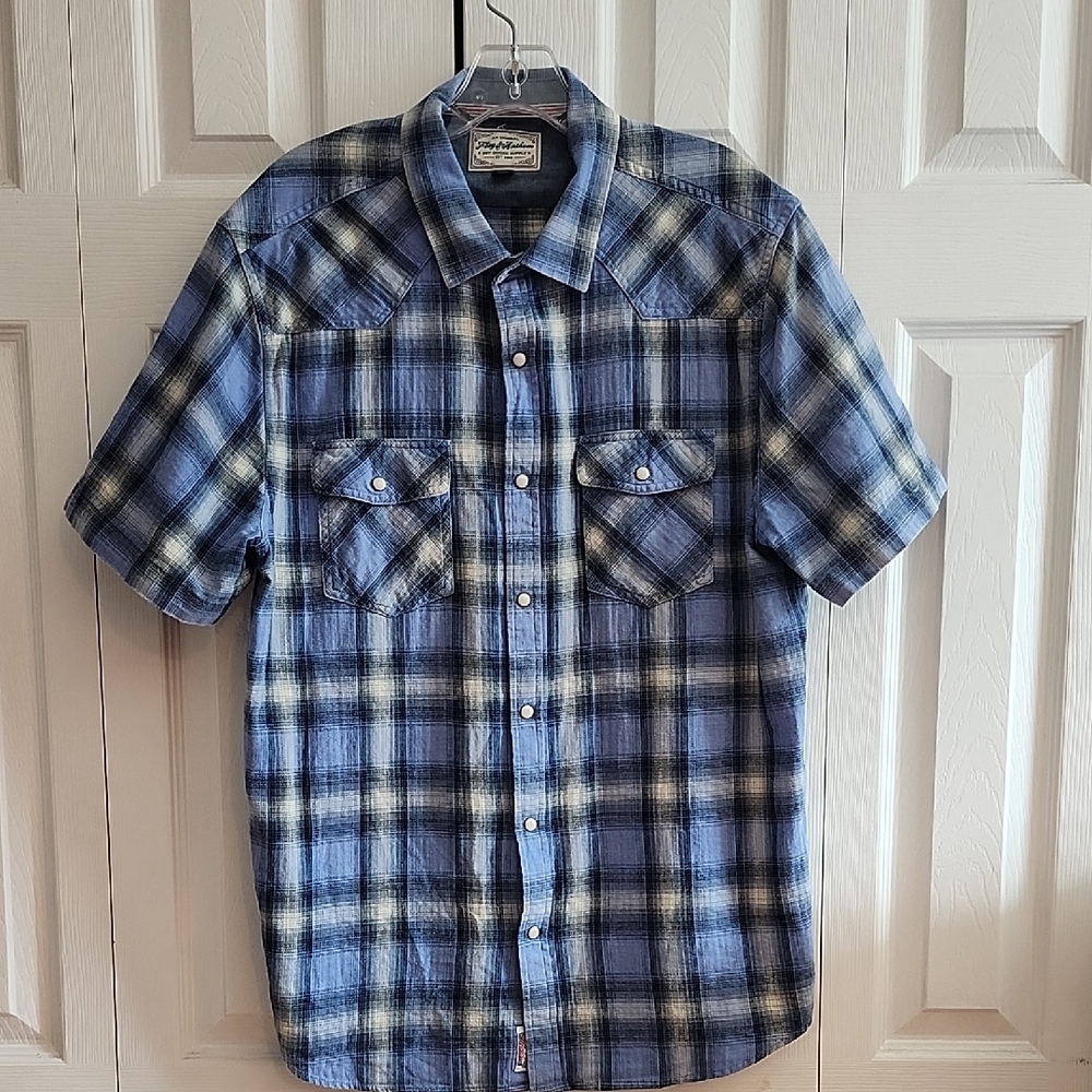 Flag & Anthem Snap Button Western Blue Casual Button Down Short Sleeve Shirt